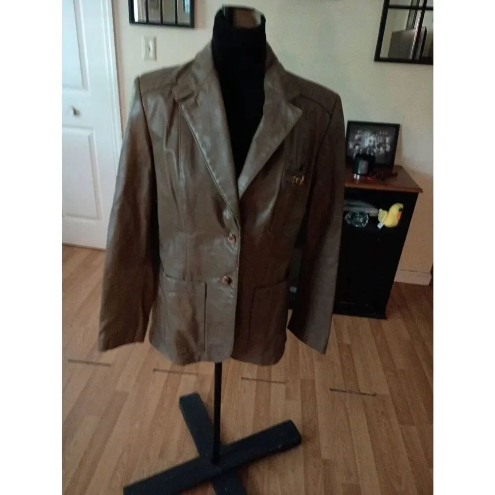 Vintage Etienne Aigner Taupe Leather Blazer Jacket 70s 80s Tailored Two Button